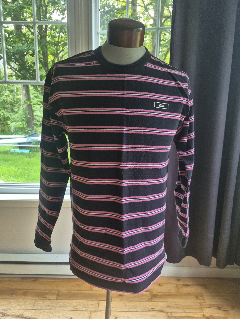 Vans Black and Pink Striped Long Sleeve Crewneck Tee